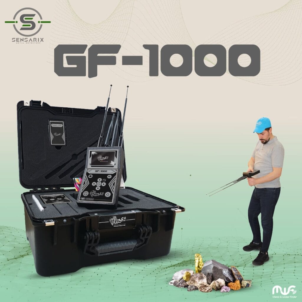 A person using the GF 1000 detector to locate natural mineral resources, showcasing its advanced long-distance sensing technologies.