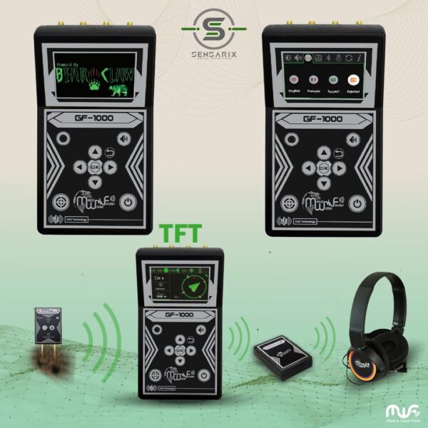 The GF 1000 detector packaged with accessories, showcasing its compact and portable design.