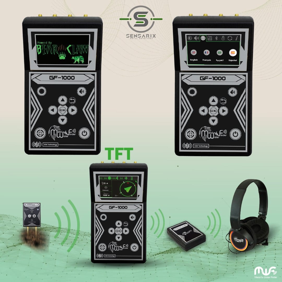The GF 1000 detector packaged with accessories, showcasing its compact and portable design.