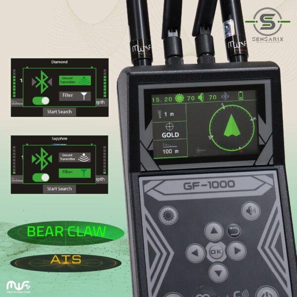 The GF 1000's smart control interface, featuring adjustable depth levels, search range, and target selection options.