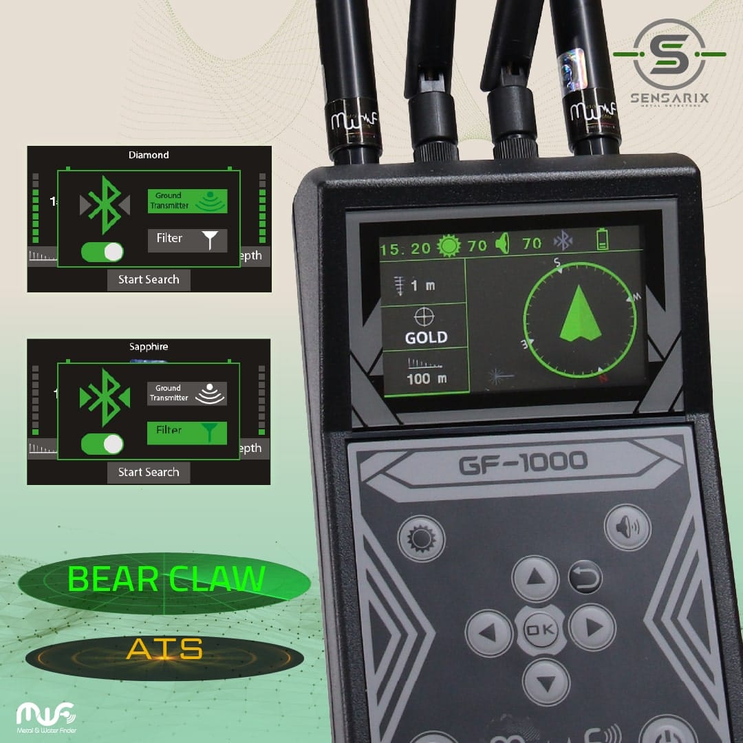 The GF 1000's smart control interface, featuring adjustable depth levels, search range, and target selection options.