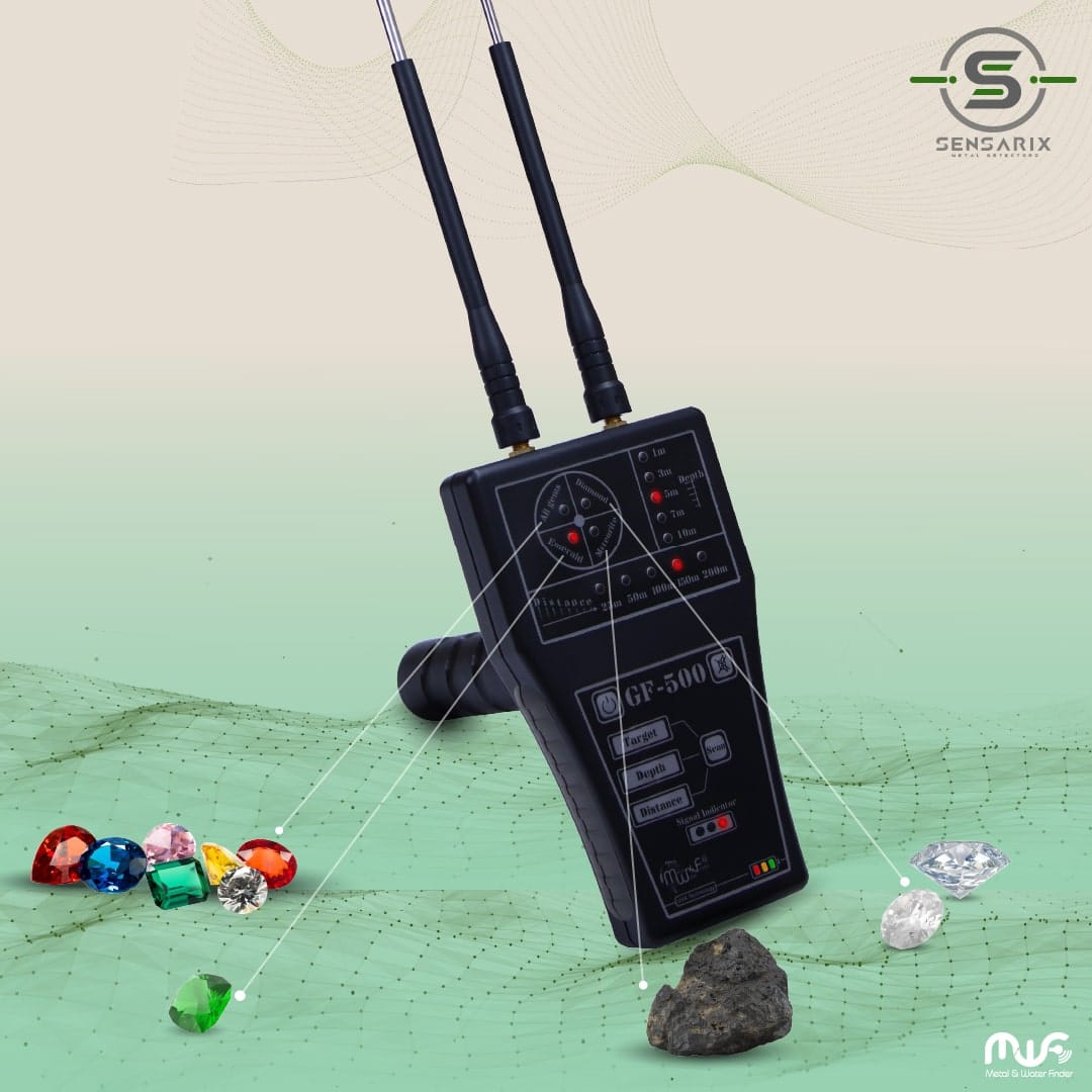 The GF 500 detecting diamonds and gemstones up to 200 meters within a 360-degree range, demonstrating its advanced Long-Distance Sensing technology.