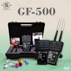 The GF 500 diamond and gemstone detector packaged in a carrying case, showcasing its compact and lightweight design.