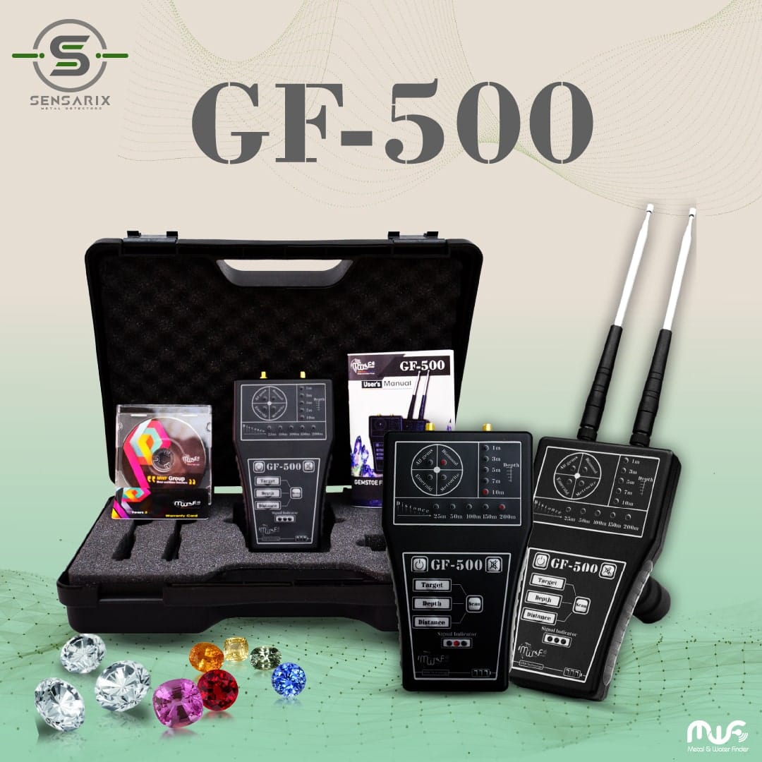 The GF 500 diamond and gemstone detector packaged in a carrying case, showcasing its compact and lightweight design.