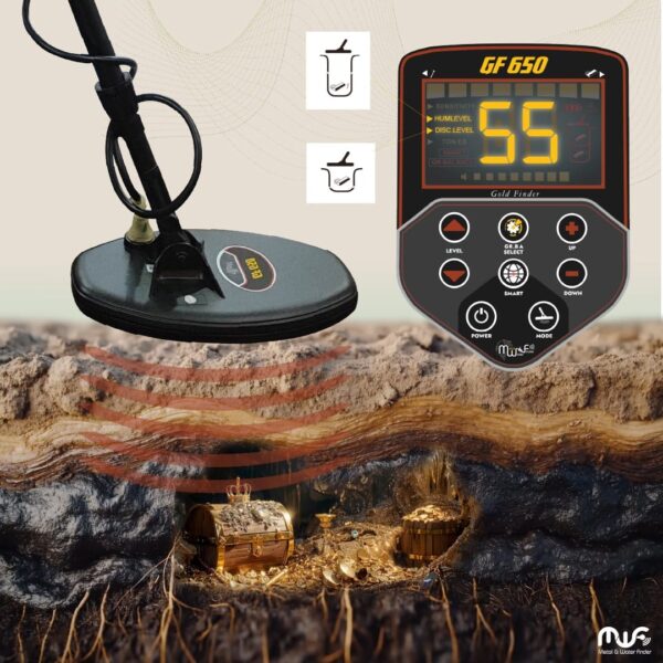 The GF 650 metal detector's enhanced display and sound system, providing clear visibility and customizable settings.