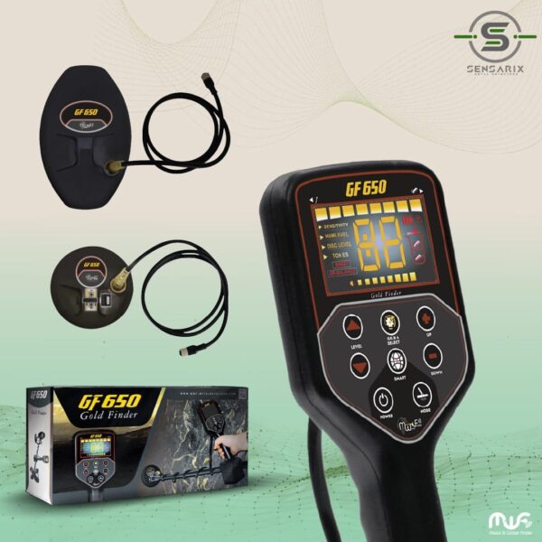 The GF 650 metal detector packaged with accessories, highlighting its compact and lightweight design.