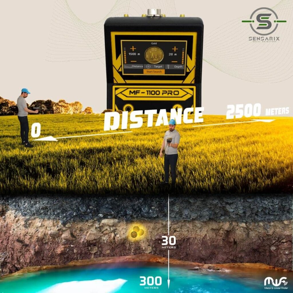 The MF-1100 PRO detecting targets at a distance of up to 2500 meters and a depth of up to 30 meters.