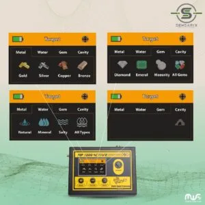 The MF-1200 ACTIVE's detection lists for metals, water, gemstones, and voids displayed on the 3.2-inch colored screen.
