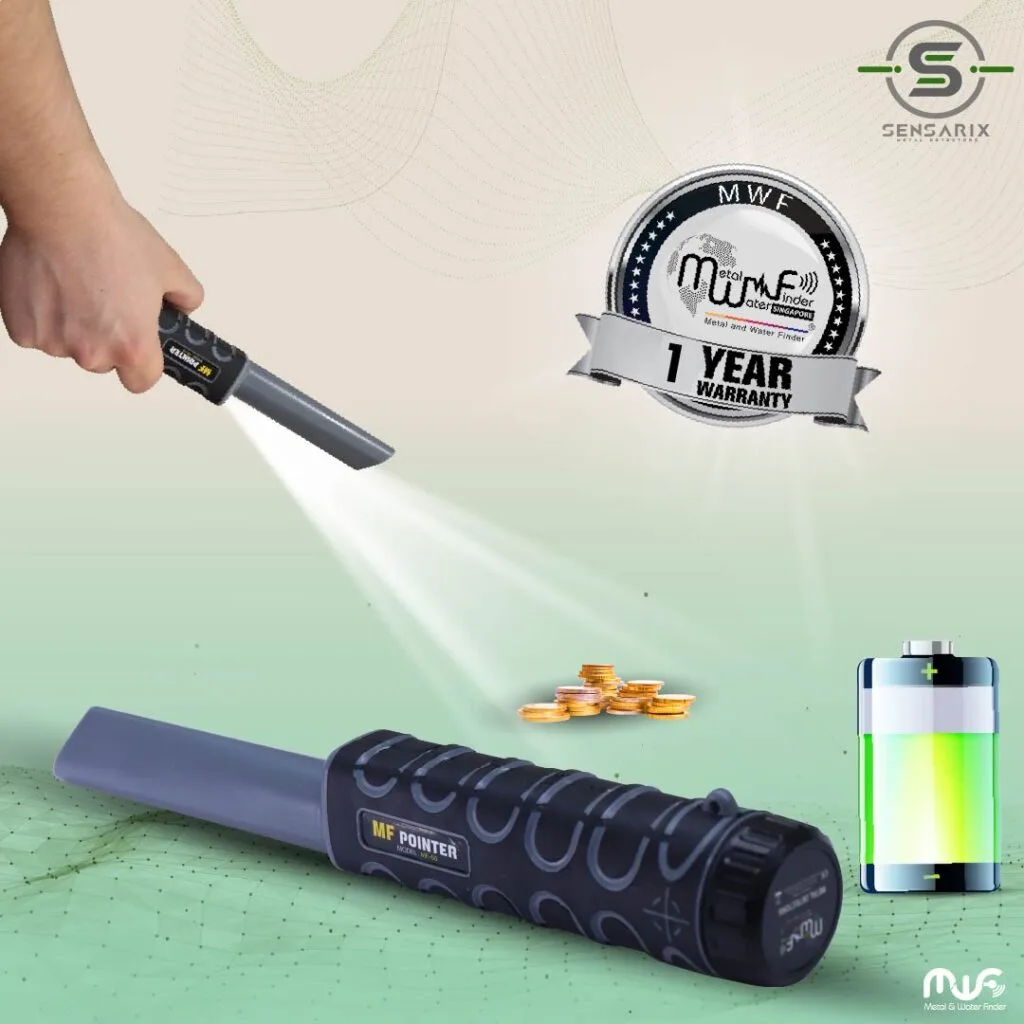 The MF 60 PinPointer with a battery indicator showing its long-lasting power.