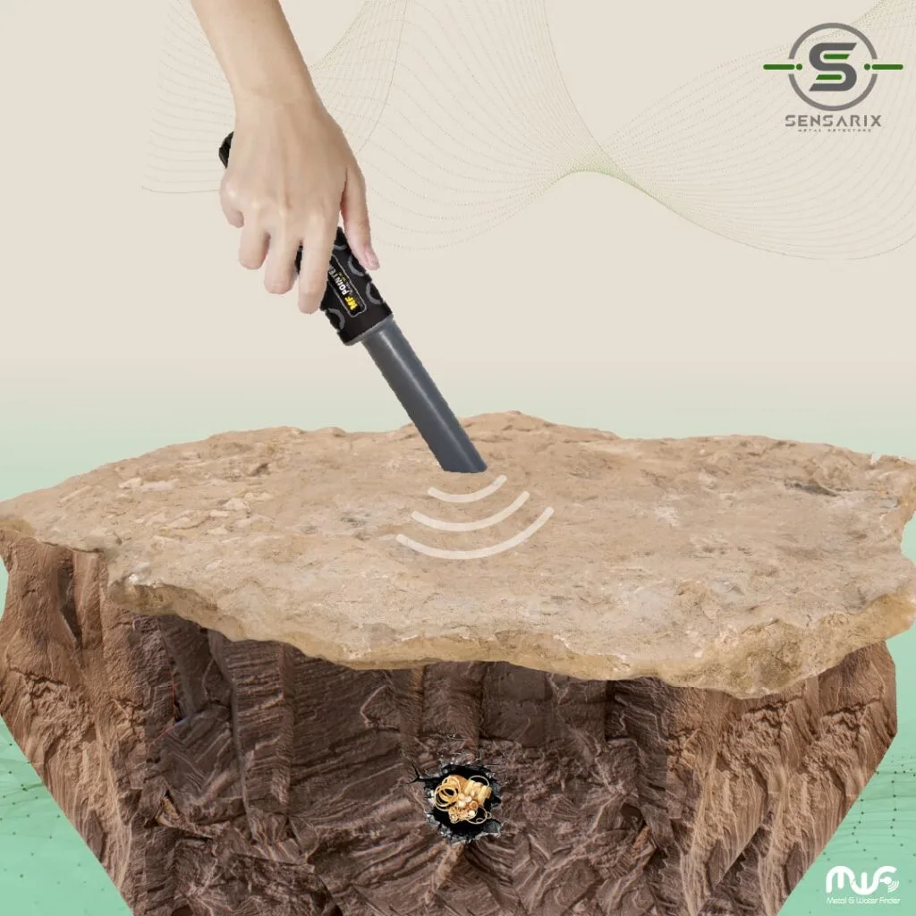 A diver using the MF 60 PinPointer to detect metals underwater at a depth of up to 30 meters.