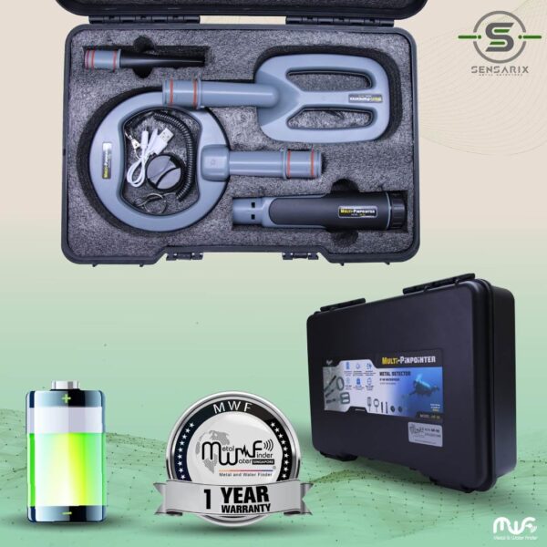 The MF 90 metal detector's battery life indicator showing up to 15 hours of continuous operation.