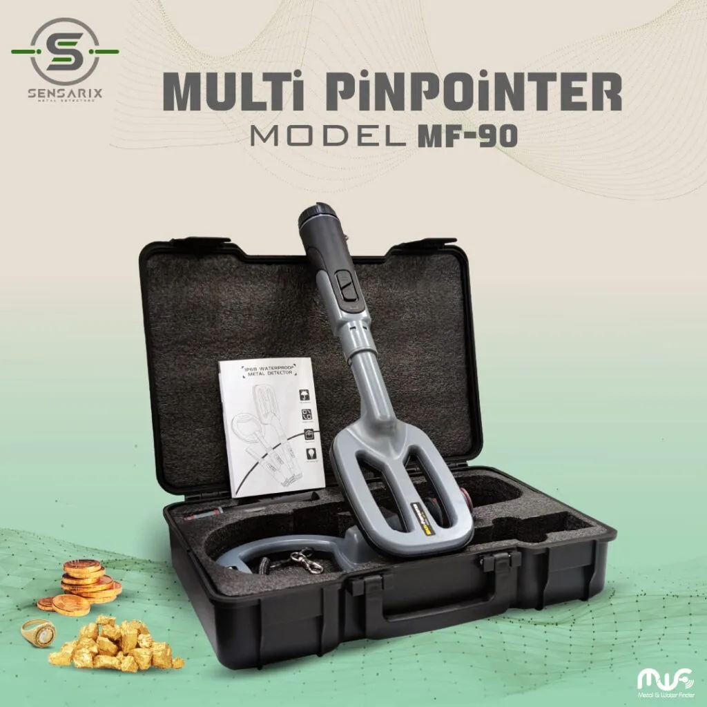 The MF 90 metal detector packaged in a carrying case, showcasing its compact and lightweight design.