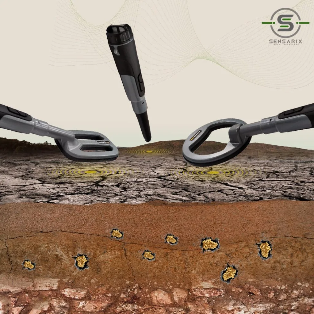 The MF 90 metal detector detecting metals underground at a depth of up to 65 cm.