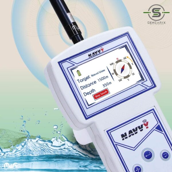 The Navvy groundwater detector's user interface featuring a 3.2-inch colored screen displaying device settings, search modes, and detection interface.