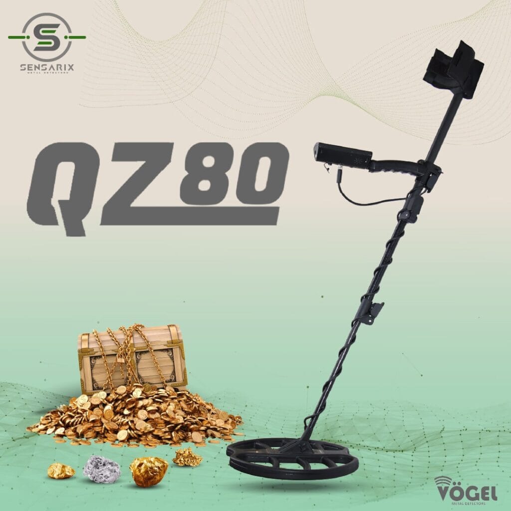 A person using the QZ 80 metal detector to locate treasures, showcasing its advanced search coils and precision.