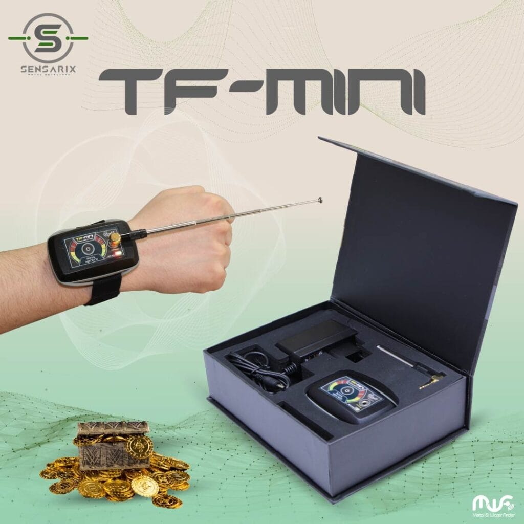 The TF Mini treasure detector packaged in a compact box, showcasing its lightweight and portable design.
