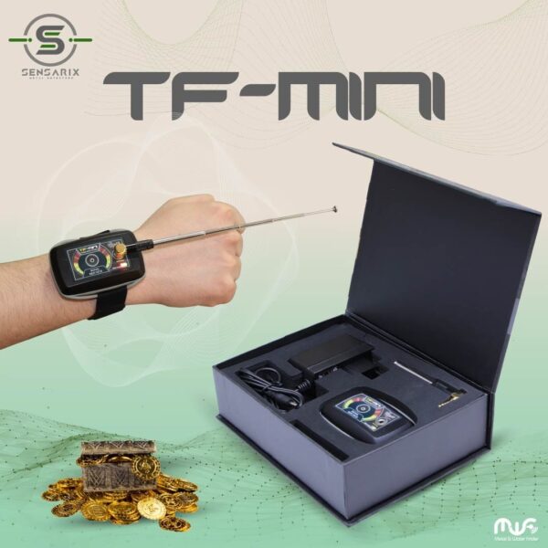The TF Mini treasure detector packaged in a compact box, showcasing its lightweight and portable design.