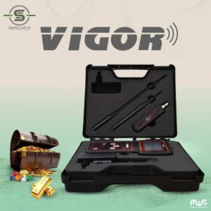 The Vigor gold and metal detector packaged in a carrying case, showcasing its lightweight and compact design.