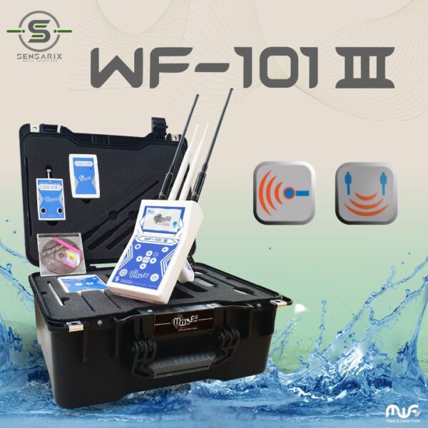 The WF 101 III groundwater detector packaged in a carrying case, showcasing its compact and lightweight design.