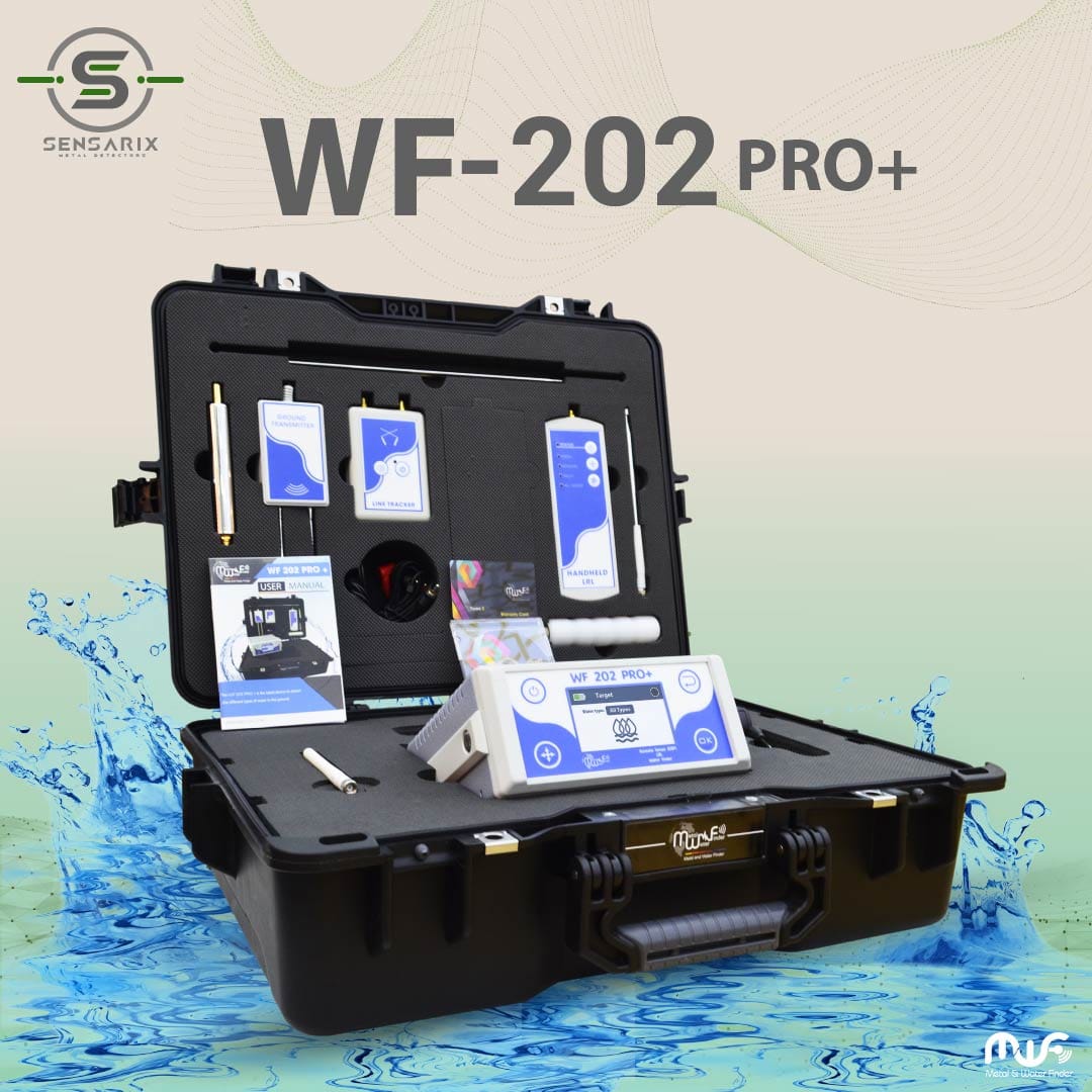 The WF 202 PRO+ groundwater detection device packaged in a carrying case, showcasing its compact and lightweight design.