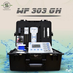 The WF 303 GH groundwater detector packaged in a carrying case, showcasing its practical design and accessories.